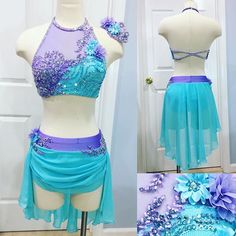 two pieces of blue and purple dancewear on display in front of a white door