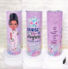 three purple glitter tumbles with an image of a nurse on one side and the words nurses in progress on the other