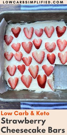 low carb and keto strawberry cheesecake bars in a baking pan