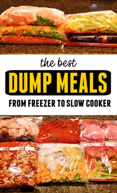 Freezer meals on counter with text "The best dump meals from freezer to slow cooker" Make Ahead Crockpot Meals To Freeze Dump Dinners Dinners, Crockpot Dump And Go Meals, Crockpot Freezer Dump Meals With Shopping List, Make Ahead Crock Pot Meals To Freeze, Bulk Crockpot Freezer Meals, Food Prep Crockpot Meals, Crockpot Meals Prep Ahead, Frozen Meal Prep For Crockpot, Dump Meal Recipes