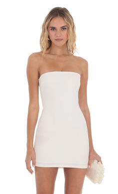 Strapless Bodycon Dress in White | LUCY IN THE SKY White Crepe Party Dress, Fitted Crepe Mini Dress For Summer, Fitted Summer Crepe Mini Dress, Chic Fitted Crepe Mini Dress, Fitted Crepe Mini Dress, Chic Crepe Mini Dress For Summer, Chic Summer Crepe Mini Dress, Summer Crepe Mini Dress, Fitted White Crepe Dress