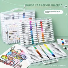 an assortment of markers and pencils in a plastic case with instructions on how to use them