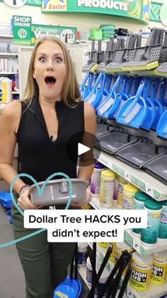 a woman in a store holding up a box with the words dollar tree hacks you didn't expect