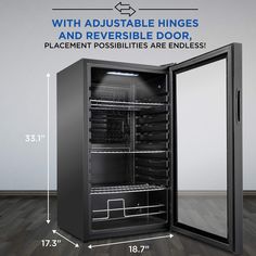 an empty refrigerator is shown with its door open and the measurements are in front of it