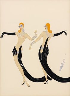 two women dressed in black and white are dancing with their arms spread out to each other