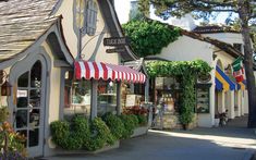 a street corner with shops and plants on the side walk, in front of some buildings