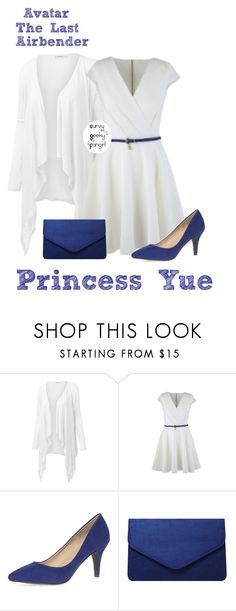 a white dress and blue shoes with text that reads princess rue shop this look starting from $