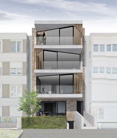 an artist's rendering of a two story apartment building with balconies on the second floor