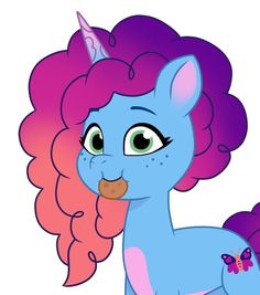 a cartoon pony with pink hair and a butterfly on its nose