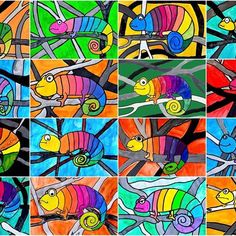 many colorful images of chamelons in different colors