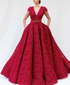 Details- Red carnelian color - 3D Mesh/net designed fabric- Handmade embroidered belt- A-line with waist definition- Evening dress Arabian Prom Dress, Nameera By Farooq, Red Wedding Gowns, Teuta Matoshi, Red Lace Prom Dress, Gown Red, Prom Dresses 2019, Red Carpet Gowns, Cap Dress