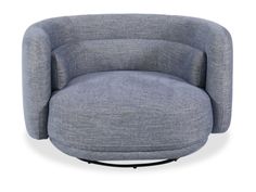 a blue chair with black metal legs and a round seat on the bottom, in front of a white background