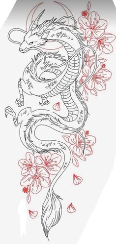 a drawing of a dragon with red flowers on it's tail and head in the center