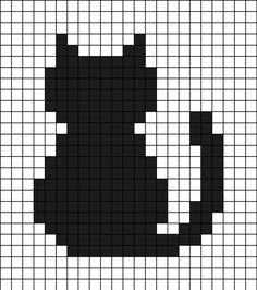 A pixel art template of a cat silhouette. Easy Pixel Crochet Pattern, Black Cat Alpha Pattern, Pixel Art Silhouette, Cat Grid Pattern, Black And White Pixel Art Grid, Cat Pixel Pattern, Gato Pixel Art, Pixel Art Chat