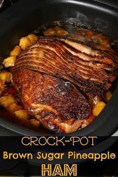 a close up of food in a crock pot with meat and potatoes on the side