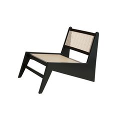 a chair that is sitting on top of a white surface and has a black frame