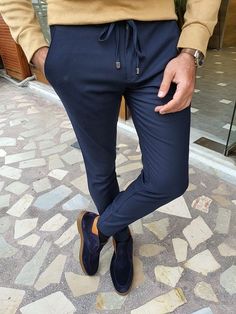 Enid Dark Blue Slim Fit Lace Up Pants Blue Slim Fit Casual Pants, Casual Blue Slim Fit Pants, Blue Slim Fit Casual Dress Pants, Blue Straight Elastane Dress Pants, Blue Slim Fit Elastane Bottoms, Navy Straight Pants For Business Casual, Blue Elastane Dress Pants With Pockets, Navy Casual Elastane Pants, Blue Straight Elastane Pants