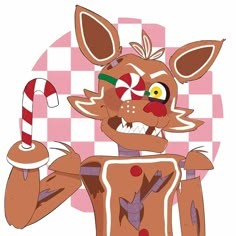 a cartoon character holding a candy cane in his hand