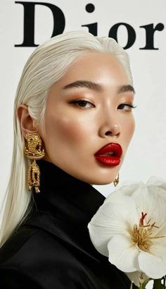 a woman with white hair and red lipstick holding a flower in front of her face