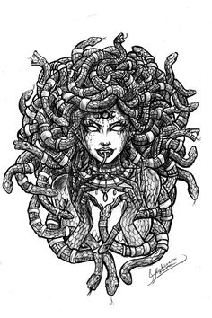 a drawing of a woman with snakes on her head