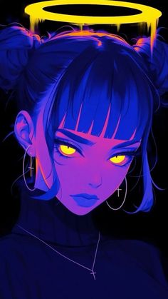 an anime character with yellow eyes and blue hair is staring at the camera, while wearing neon