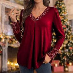 Season:Fall  Winter; Fabric:Velvet; Sleeve Length:Long Sleeve; Look After Me:Wet and Dry Cleaning,Washable,Machine wash; Gender:Women's; Theme:Christmas Shirt; Style:Festival / Holiday; Elasticity:Micro-elastic; Tops Type:Blouse; Occasion:Casual,Party,Christmas; Top Length:Regular; Fit Type:Regular Fit; Pattern:Sparkly; Design:Sequins; Neckline:V Neck; Front page:FF; Listing Date:10/23/2023; Production mode:External procurement; Bust:; Length:; Sleeve:; Fit US Size:; Fit UK Size:; Fit EU Size:; Round Bob, Womens Basic Tops, Sparkly Party, Sequined Sweatshirt, Flowy Tunic, Snowflake Print, Womens Christmas Shirts, Gardening Flowers, Linen Shirts