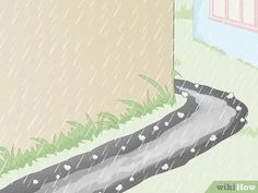 an image of a rainy day with rain coming down on the road and grass growing up to the curb