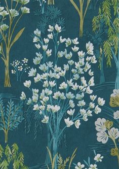 a blue and green wallpaper with white flowers