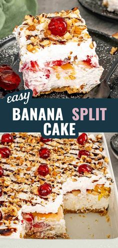 an easy banana split cake with cherries on top and the rest cut in half