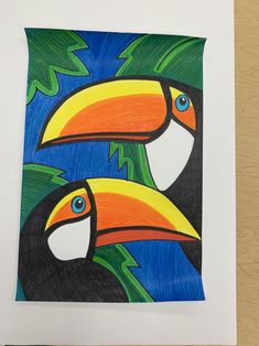 a drawing of two toucans with leaves on them