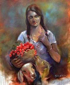 a painting of a woman holding a dog with berries on it