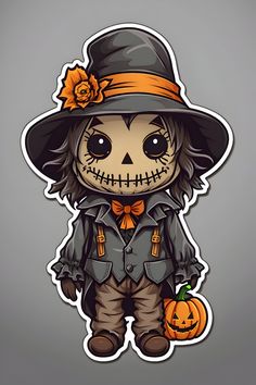 a sticker with a skeleton wearing a hat and holding a jack - o'- lantern