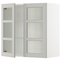 a white cabinet with glass doors on the front and back sides is shown against a white background