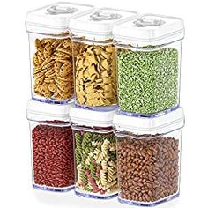 six plastic containers filled with different types of beans and cereals in each container, all lined up together