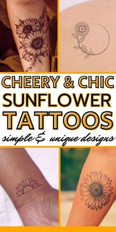 sunflower tattoo designs are shown in four different pictures