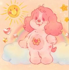 a pink teddy bear standing on top of a cloud next to a sun and stars