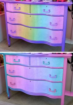 two pictures of a dresser with pink and blue paint on the top, and bottom