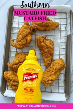 chicken wings and mustard on a cooling rack with the words southern mustard fried catfish