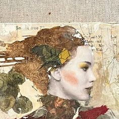 an altered collage of a woman's face with leaves on her head and words written below