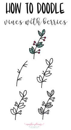 the words how to doodle vines with berries and leaves in black ink on a white background