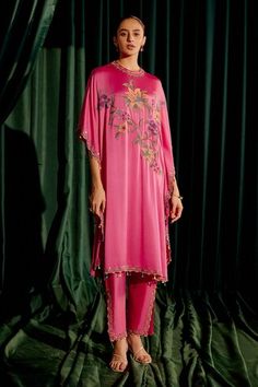 Fuchsia pink kaftan with floral bead embroidery and cutwork hem. Paired with coordinating cutwork pant. - Aza Fashions Pink Kaftan, Satin Embroidery, Pant Women, Pant For Women, Beaded Neckline, Embroidery Floral, Satin Color, Fuchsia Pink, Cut Work