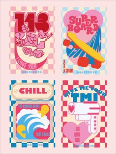 four posters with different designs on them