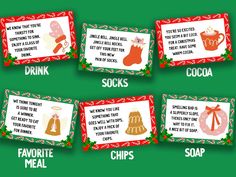 four christmas themed candy bar wrappers with different sayings and pictures on the side