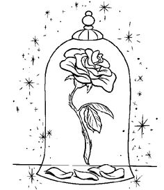 an image of a rose in a glass dome with stars on the background and text that reads