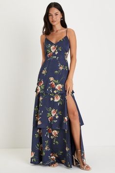 Lovely Navy Blue Dress - Tiered Maxi Dress - Floral Print Dress - Lulus Chiffon Maxi Dress With Floral Print For Gala, Prom Dress Websites, Dress Sites, Dress Websites, Trendy Prom Dresses, Lulu Fashion, Prom Dresses Online, Tiered Midi Dress, Pageant Dress