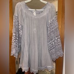 Grey Blouse From Pol With Lace Detailing On The Sleeves And On The Back Of The Blouse. The Lace Is See Through On The Back And Sleeves. The Neck Can Be Worn As Off The Shoulder. Has An Acid Wash Look To It. Gray Summer Tops For Daywear, Gray Long Sleeve Blouse For Spring, Gray Long Sleeve Bohemian Top, Spring Tunic Blouse With Lace Trim, Long Sleeve Lace Peasant Top For Spring, Lace Peplum Blouse, Black Velvet Top, Lace Weave, Clothes For Women Over 50