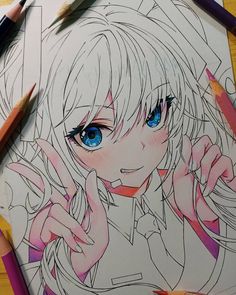 a drawing of a girl with blue eyes and blonde hair holding her hand up to her face