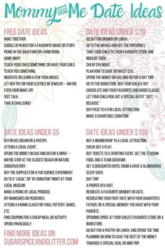 the mommy and me date ideas list is shown in pink, blue, and green