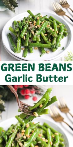 green beans and garlic butter on a white plate