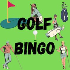 an image of people playing golf with the words'golf bingo'in black and white